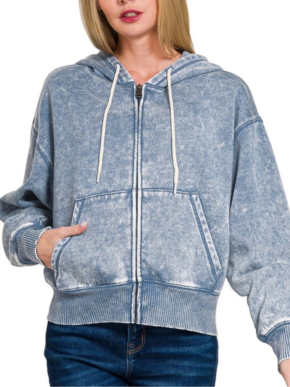 Zenana Washed Blue Cropped Zip-Up Hoodie for Women